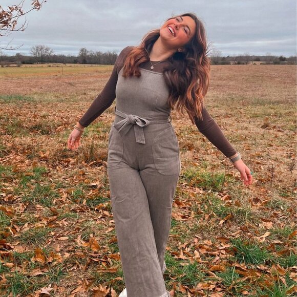 Women\'s Cotton Denim Overalls | Belted Jumpsuit | Charcoal Brown main image 8